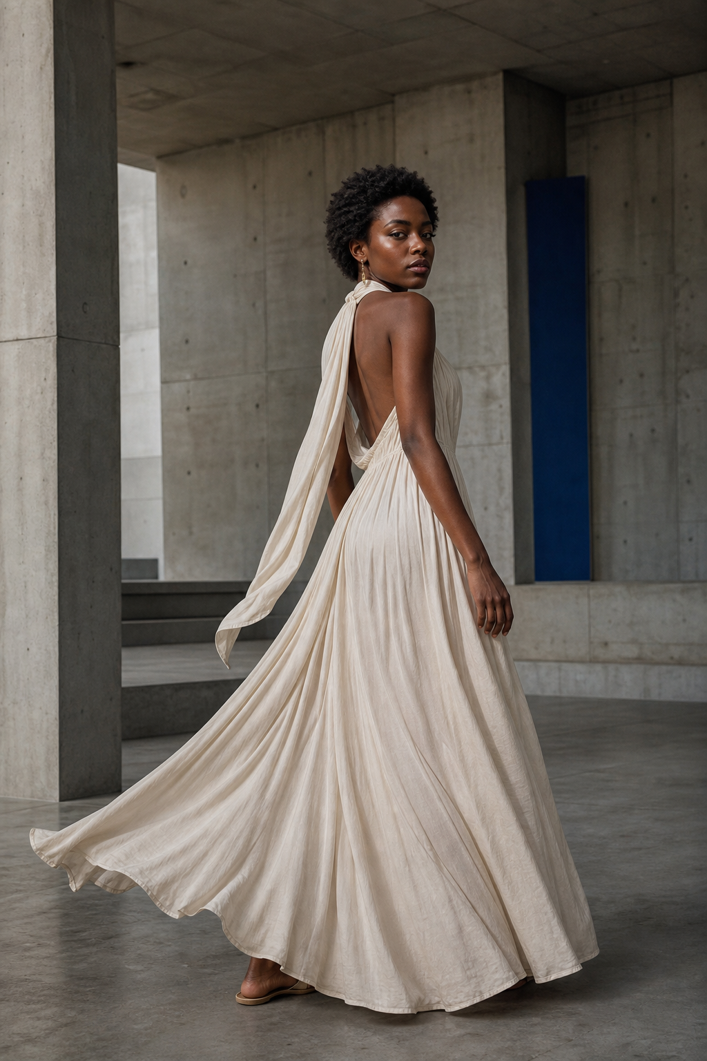 Editorial portrait of a model in a sculptural cream gown