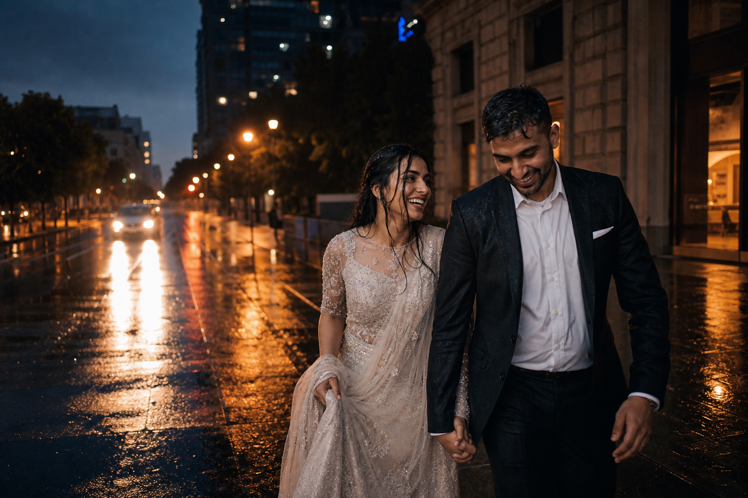 A newlywed couple laughing together in the rain